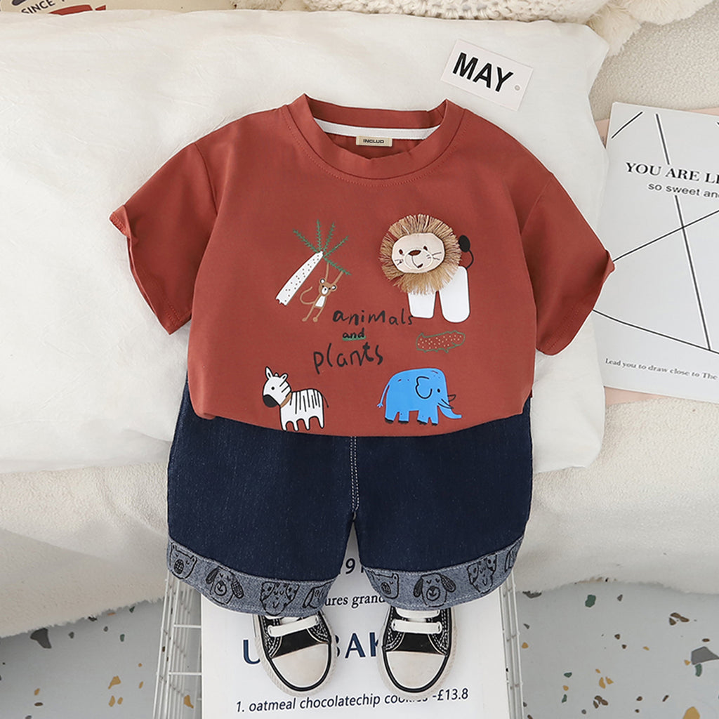 Boys Red Graphic Animals Printed T-Shirt With Denim Shorts Set 2 pc. Sets Red 1-2 Y
