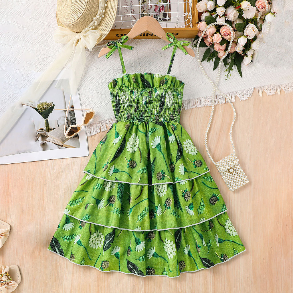 Girls Green Floral Printed Sleeveless Smocked Fit & Flare Dress Casual Dresses Green 3-4 Y