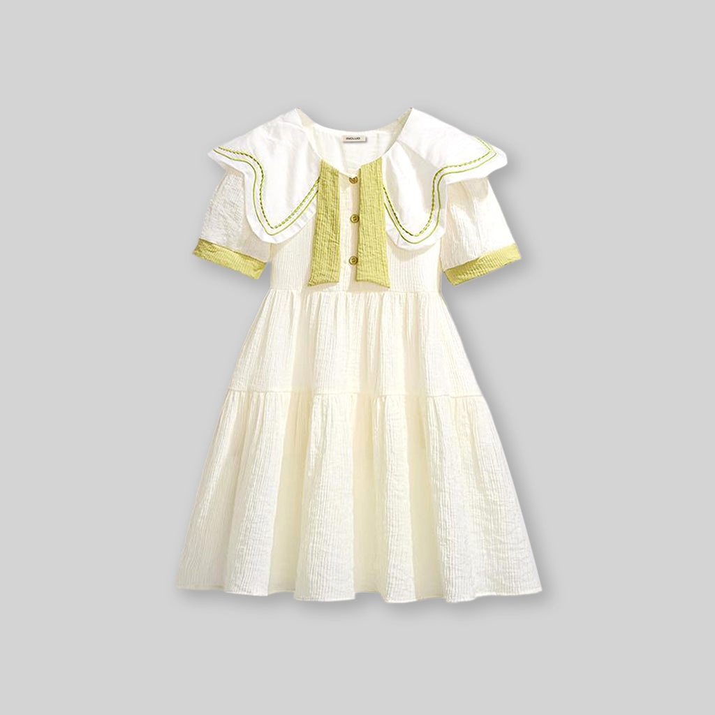 Girls Short Sleeve Peter Pan Big Collar Dress Casual Dresses Apricot 4-5 Y 