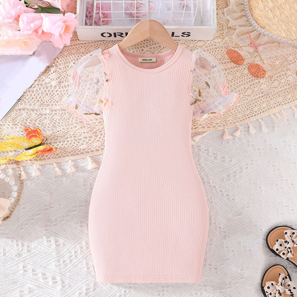 Girls Pink Short Sleeve Embroidered Bodycon Dress Casual Dresses Pink 3-4 Y