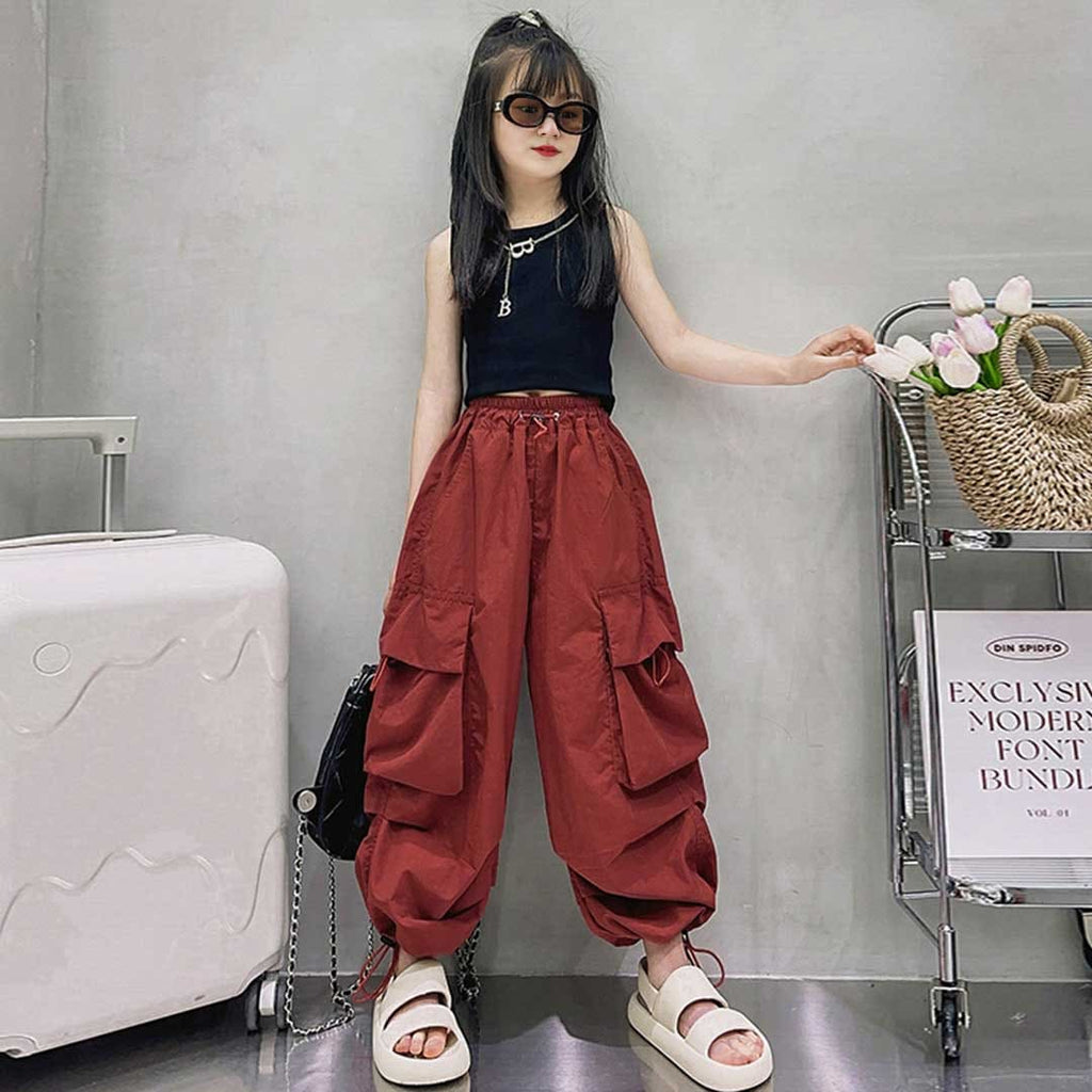 Girls Elasticated Loose Fit Cargo Jogger Joggers Maroon 6-7 Y 