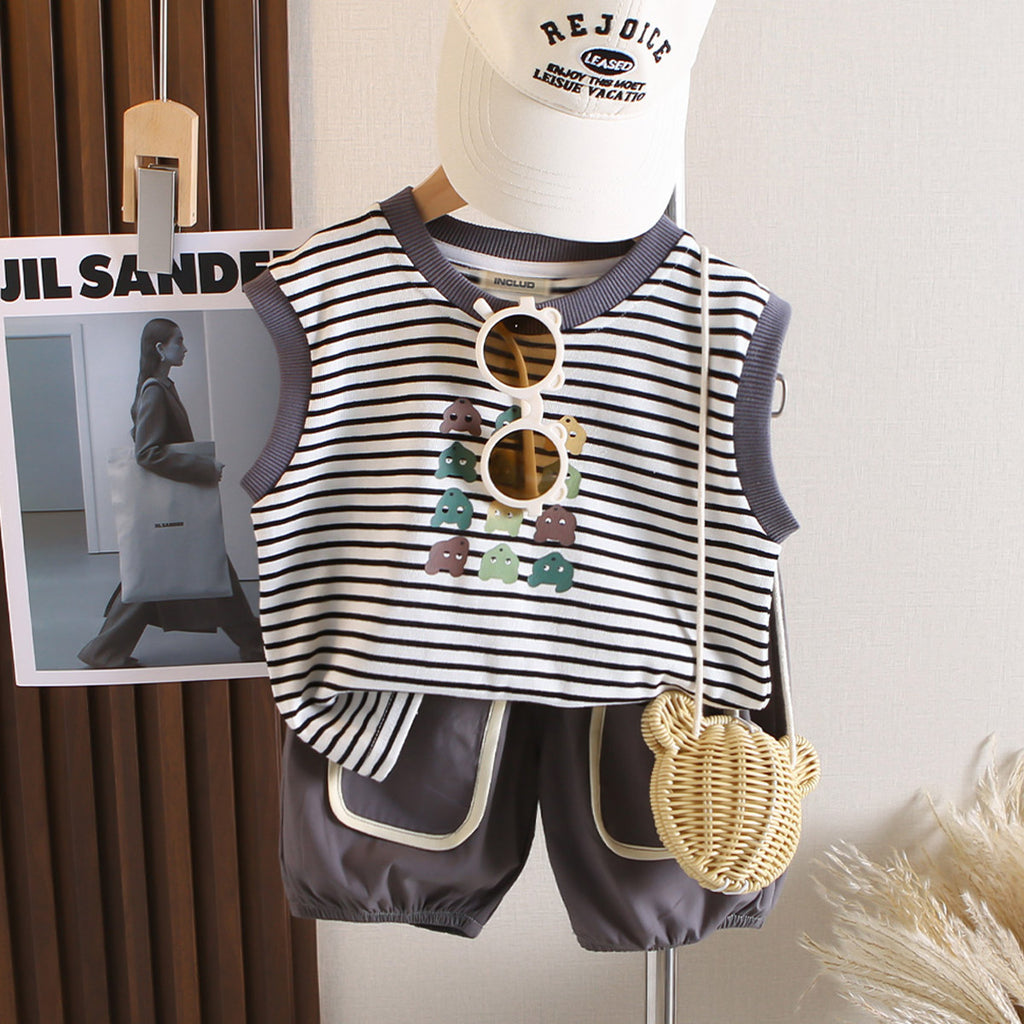Boys Grey Horizontal Striped Sleeveless T-Shirt With Shorts Set 2 pc. Sets Grey 1-2 Y