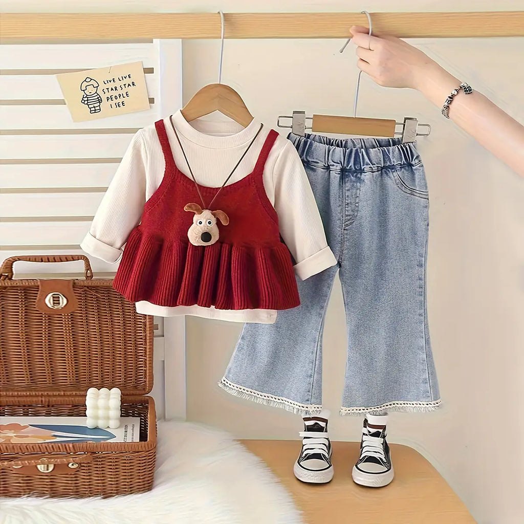 Girls Beige Long Sleeves T-Shirt With Sleeveless Top & Denim Pant Sets Sets Beige 1-2 Y