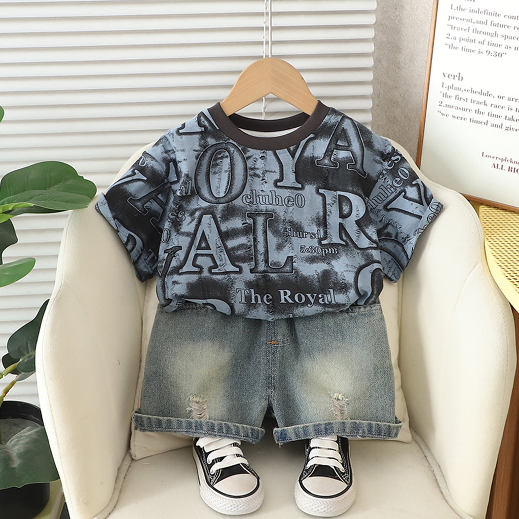 Boys Blue Short Sleeves Printed T-Shirt With Denim Shorts Set 2 pc. Sets Blue 1-2 Y