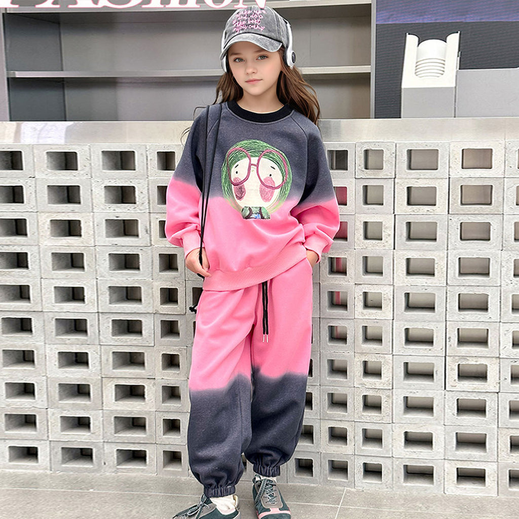 Girls Pink Ombre Printed Raglan Sweatshirt With Jogger Winter Co-ord Set 2 pc. Sets Pink 5-6 Y