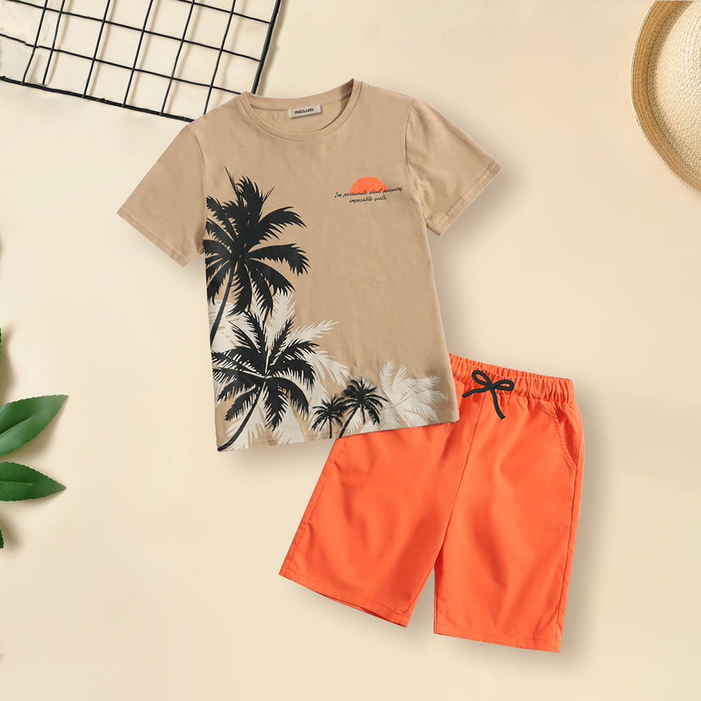 Boys Beige Tropical Printed Short Sleeves T-Shirt With Shorts Set 2 pc. Sets Beige 7-8 Y
