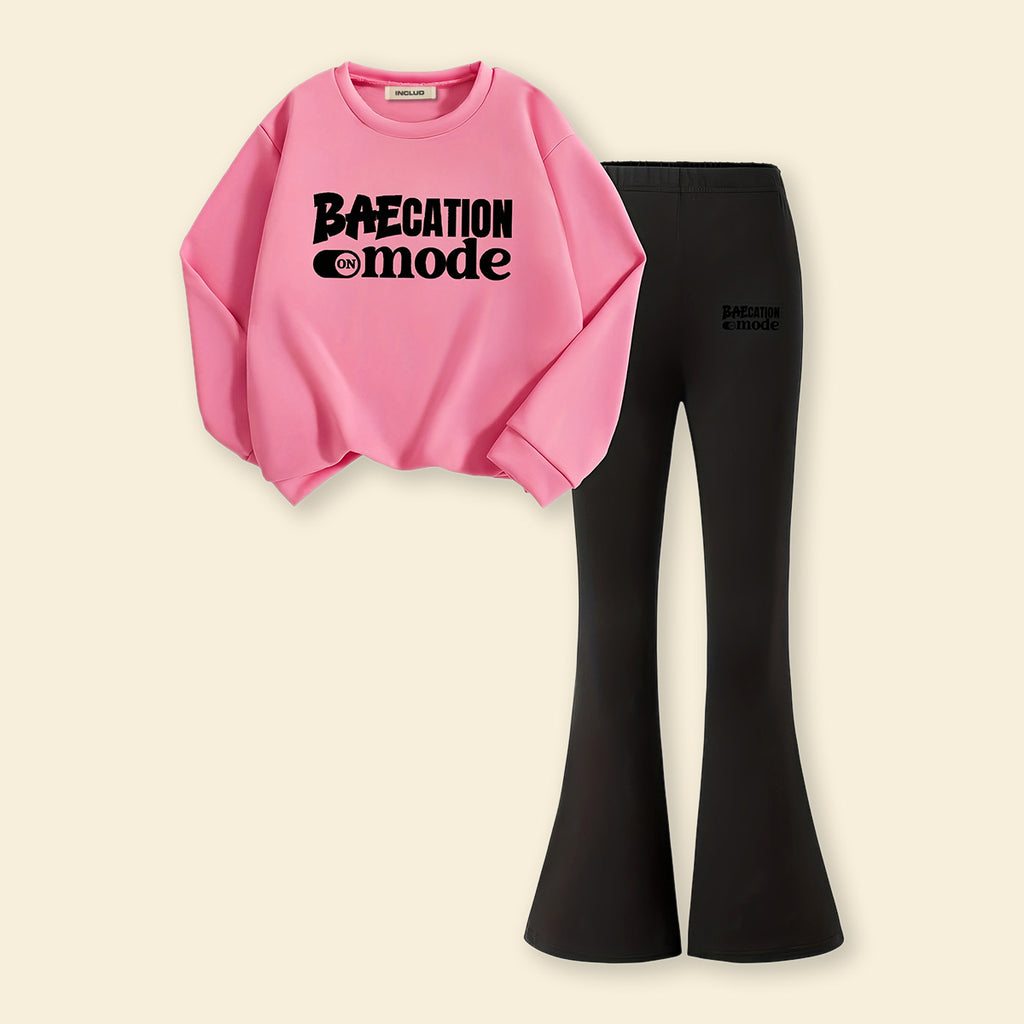 Girls Pink Typographic Printed Sweatshirt With Flared Pants Sets 2 pc. Sets Pink 7-8 Y