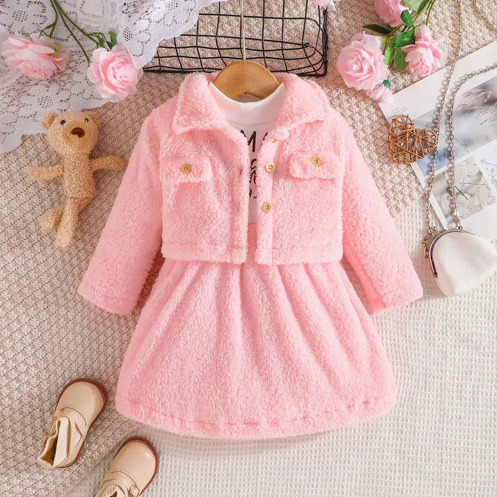 Girls Pink Typographic Printed Fit & Flare Dress With Fluffy Jacket Casual Dresses Pink 1-2 Y
