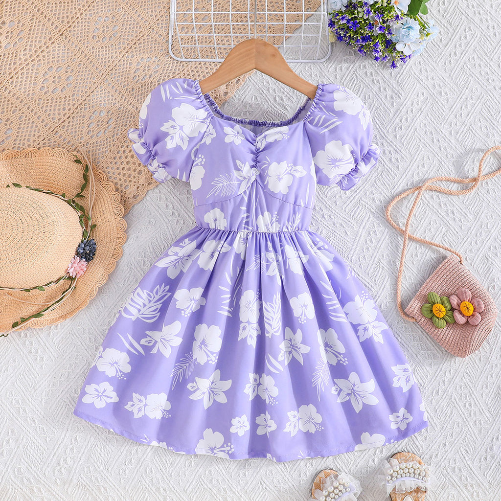 Girls Purple Sweetheart Neck Floral Printed Fit & Flare Dress Casual Dresses Purple 2-3 Y