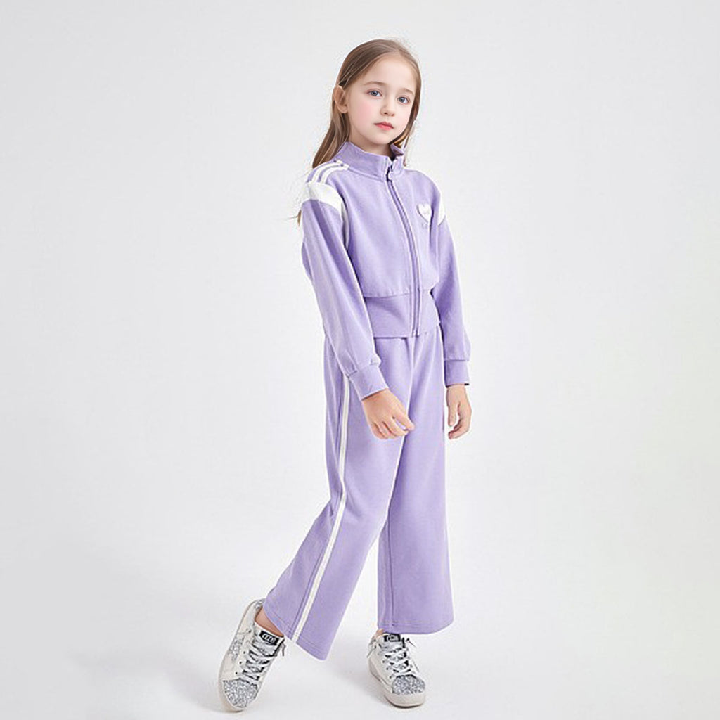 Girls Purple Heart Embroidered Front Zipper Jacket With Pants Winter Set 2 pc. Sets Purple 5-6 Y