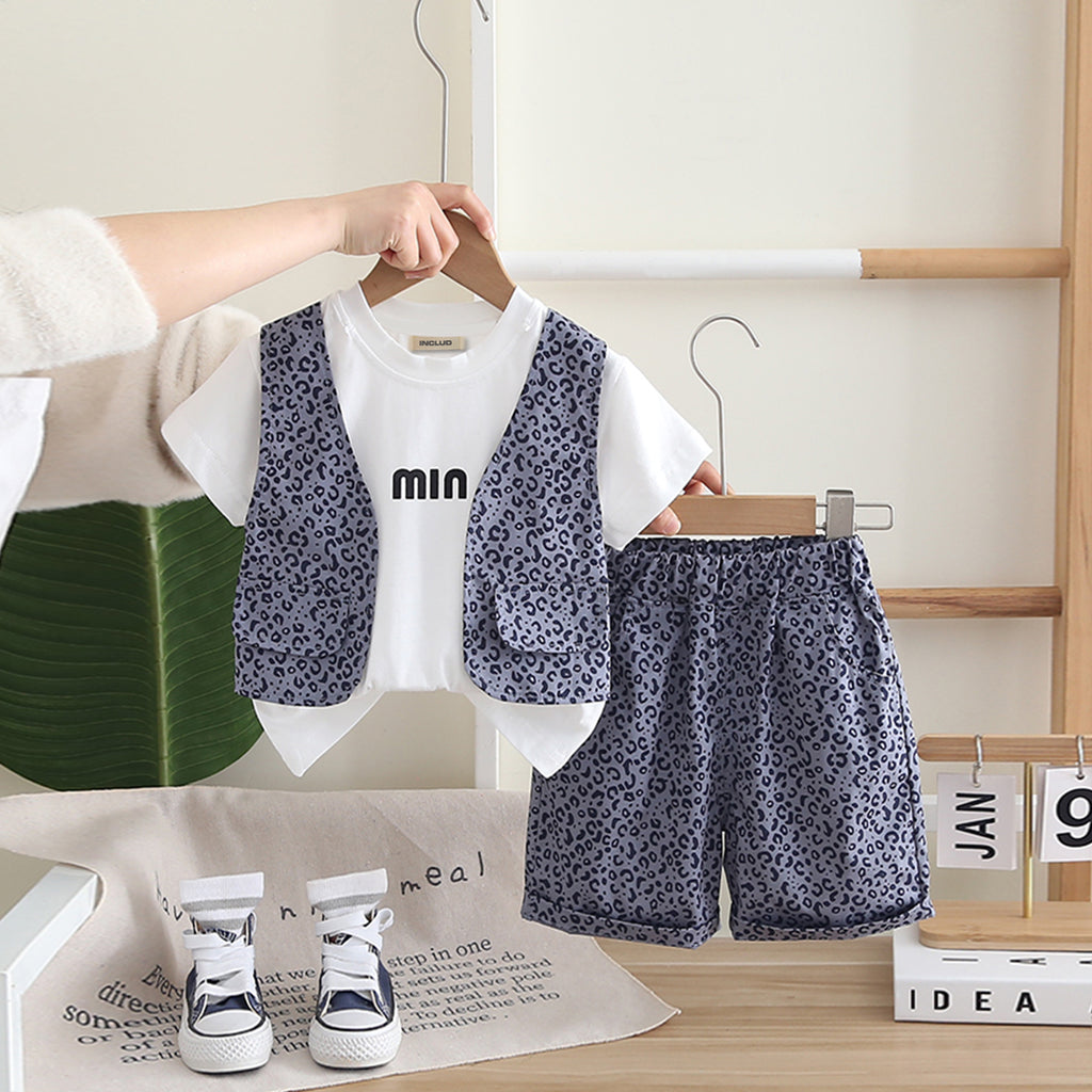 Boys Attached Waistcoat T-Shirt With Purple Animal Printed Shorts Set 2 pc. Sets Purple 1-2 Y