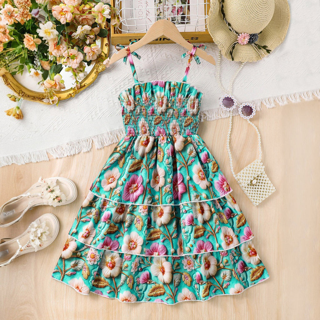 Girls Sea Green Floral Printed Sleeveless Smocked Fit And Flared Summer Dress Casual Dresses Sea Green 3-4 Y