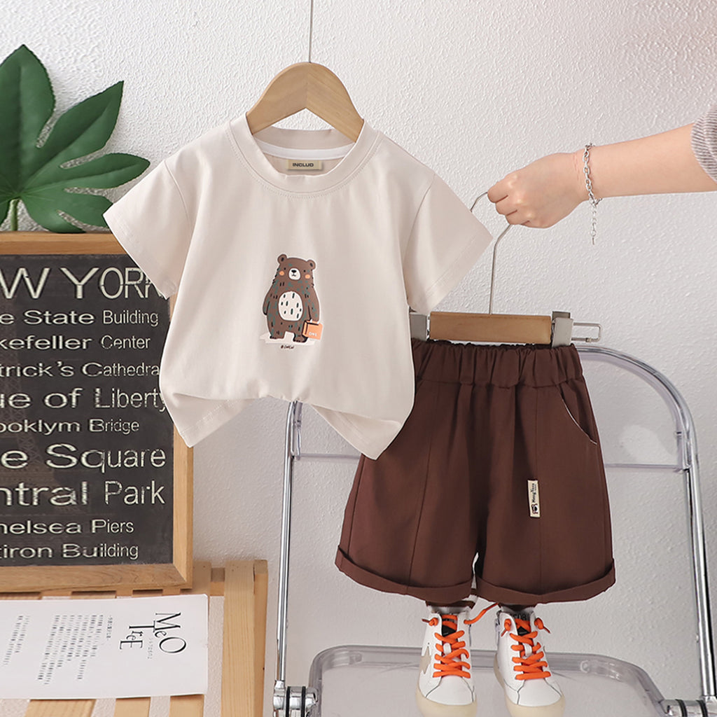 Boys Bear Graphic Short Sleeves T-Shirt With Brown Shorts Set 2 pc. Sets Brown 1-2 Y