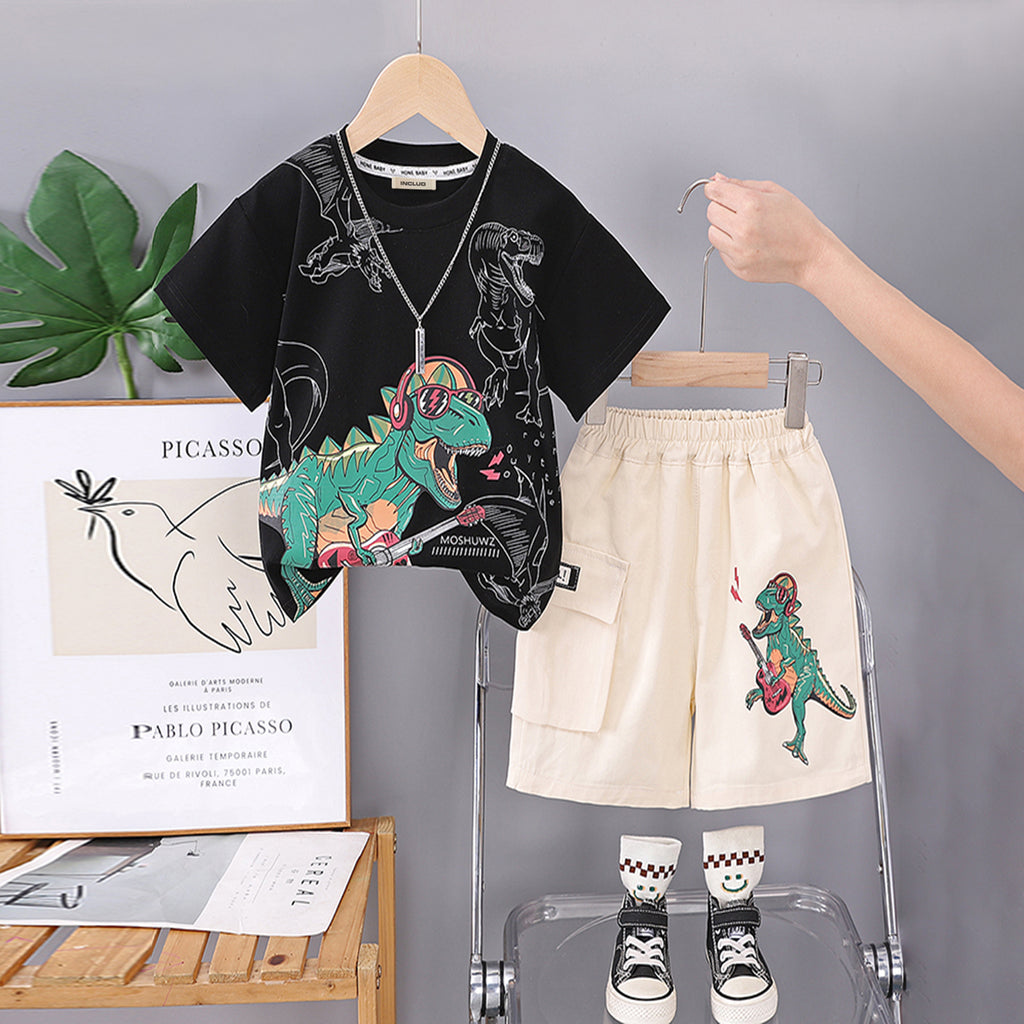 Boys Dinosaur Printed Black T-Shirt With Shorts Set 2 pc. Sets Black 1-2 Y