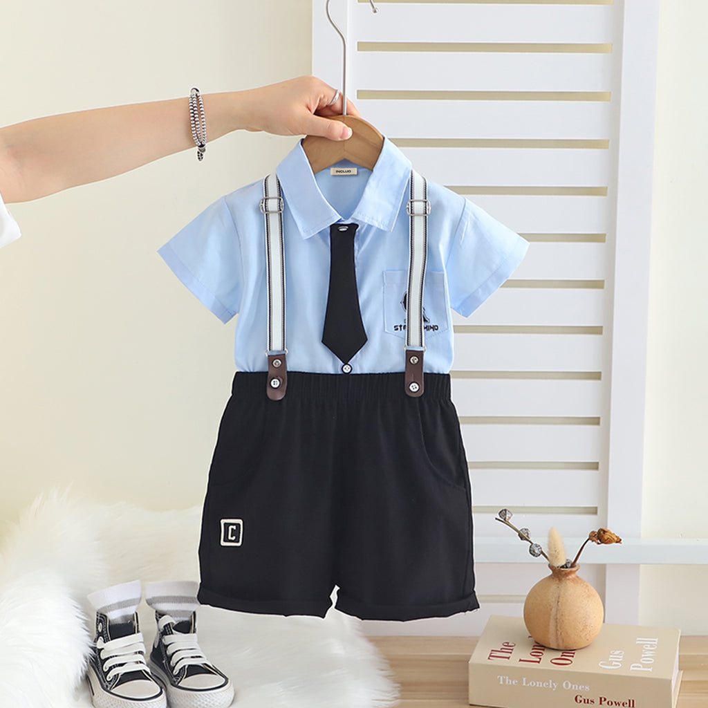 Boys Sky Blue Short Sleeves Shirt With Neck tie And Suspenders Shorts Set Sets Sky Blue 1-2 Y