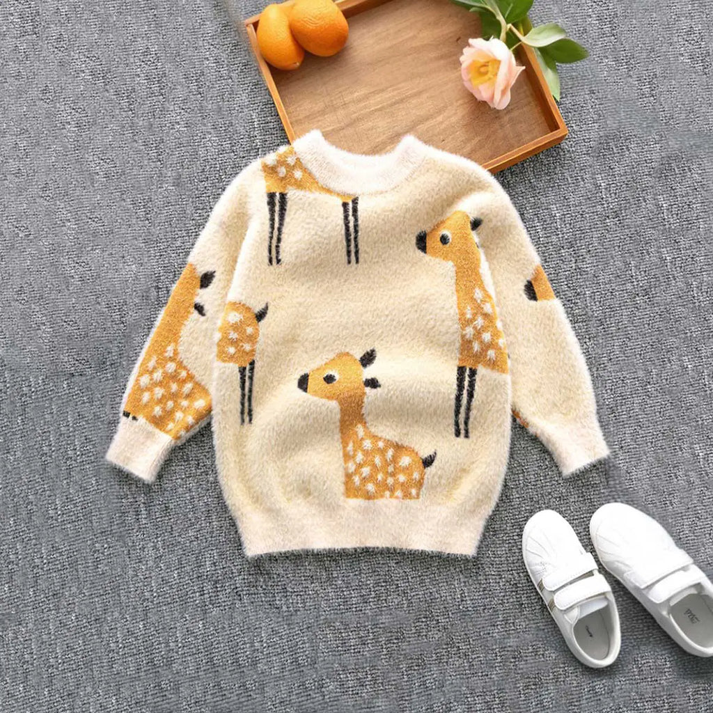 Girls Apricot Puffy Sweater With Self-Design Deer Patterns Sweaters & Cardigans Apricot 1-2 Y