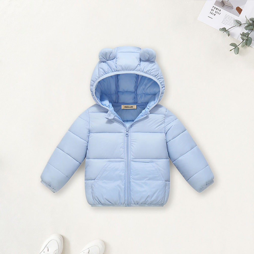 Boys Light Blue Solid Front Zipper Hooded Puffer Jacket Coats & Jackets Light Blue 1-2 Y