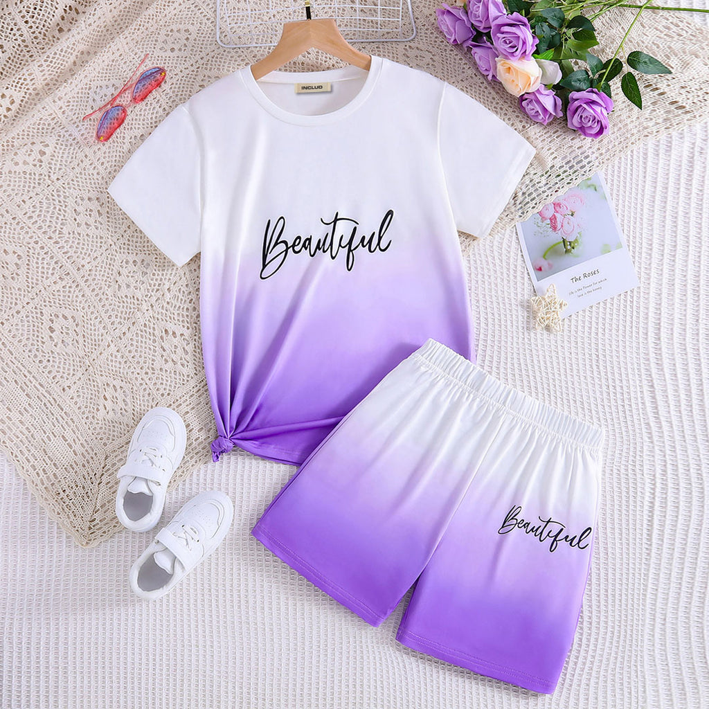 Girls White-Purple Ombre Effect T-shirt with Shorts Set Sets Purple 5-6 Y