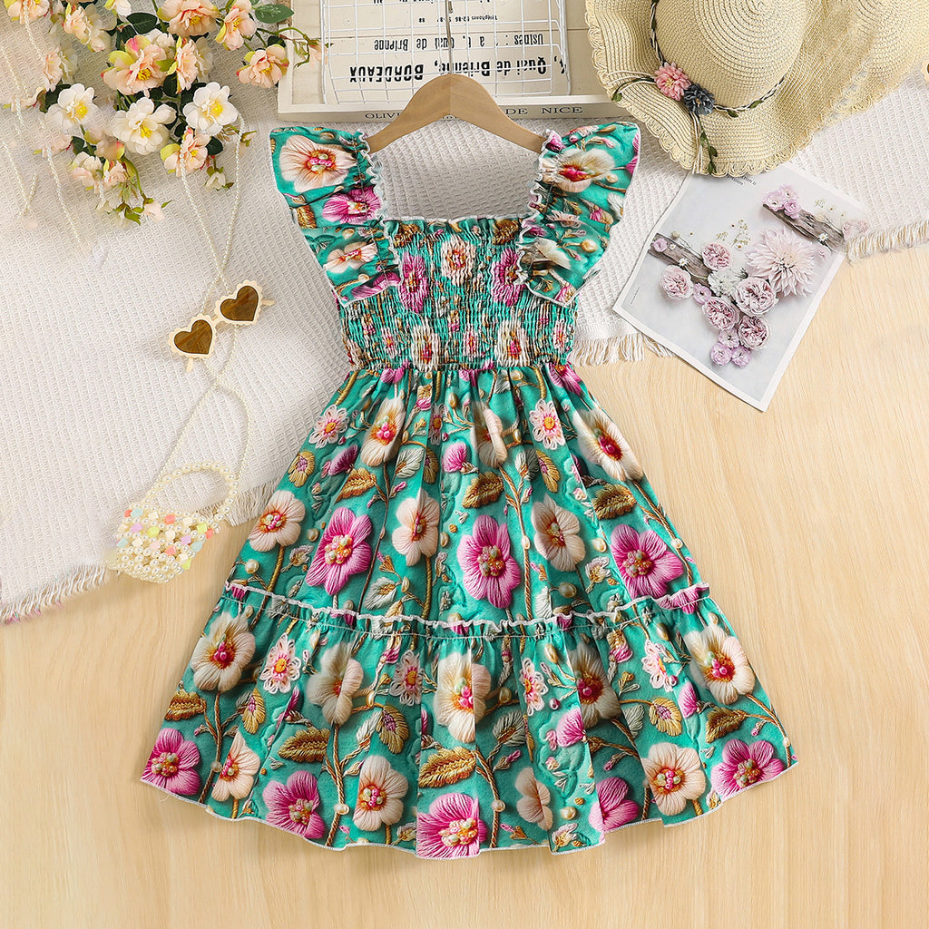 Girls Multicolor Floral Printed Sleeveless Square Neck Fit & Flare Smocked Dress Casual Dresses Multicolor 3-4 Y