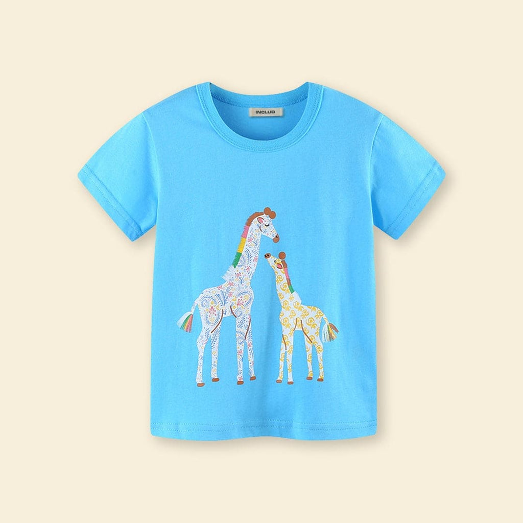 Girls Giraffe Print Short Sleeves T-shirt Tshirts Blue 1-2 Y 