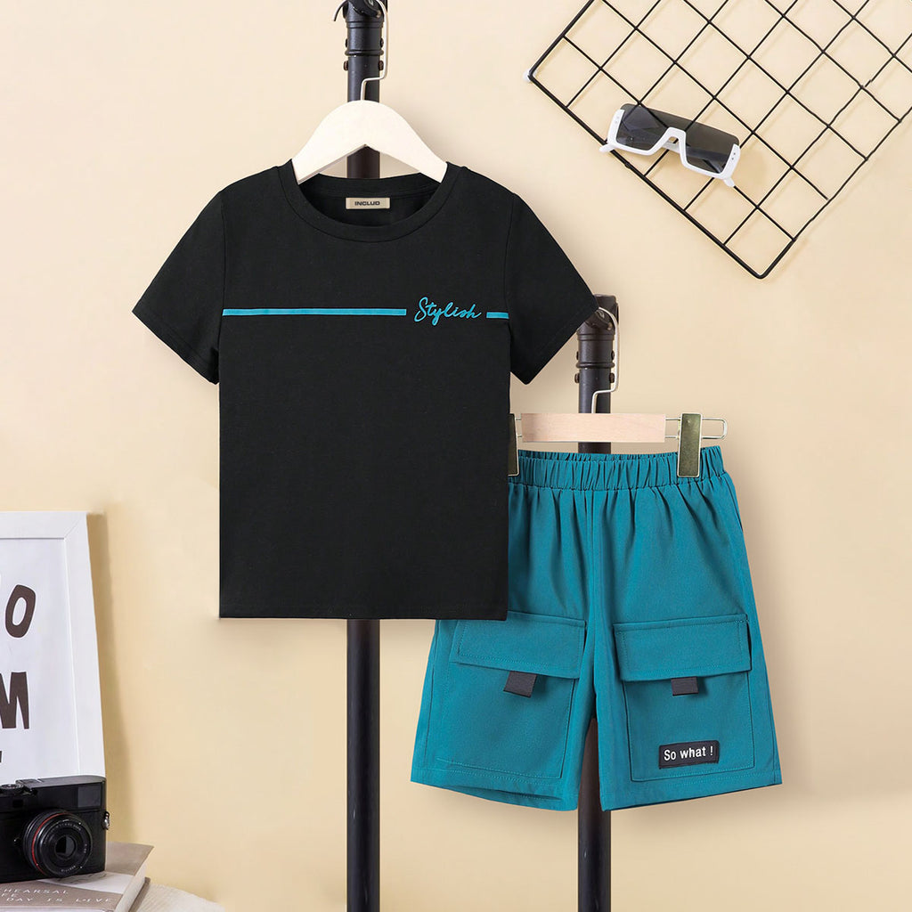 Boys Navy Blue Short Sleeve T-Shirt With Double Flap Pocket Shorts Set 2 pc. Sets Navy Blue 3-4 Y