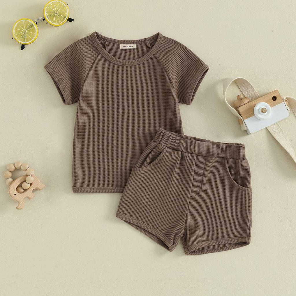 Boys Waffle Knit Short Sleeve Top With Shorts Set 2 pc. Sets Brown 1-2 Y 