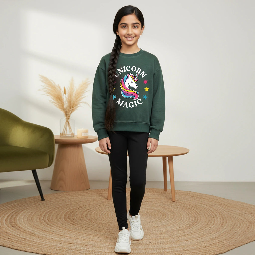 Girls Green unicorn Magic Graphics Round Neck Sweatshirt Sweatshirts & Hoodies Green 1-2 Y