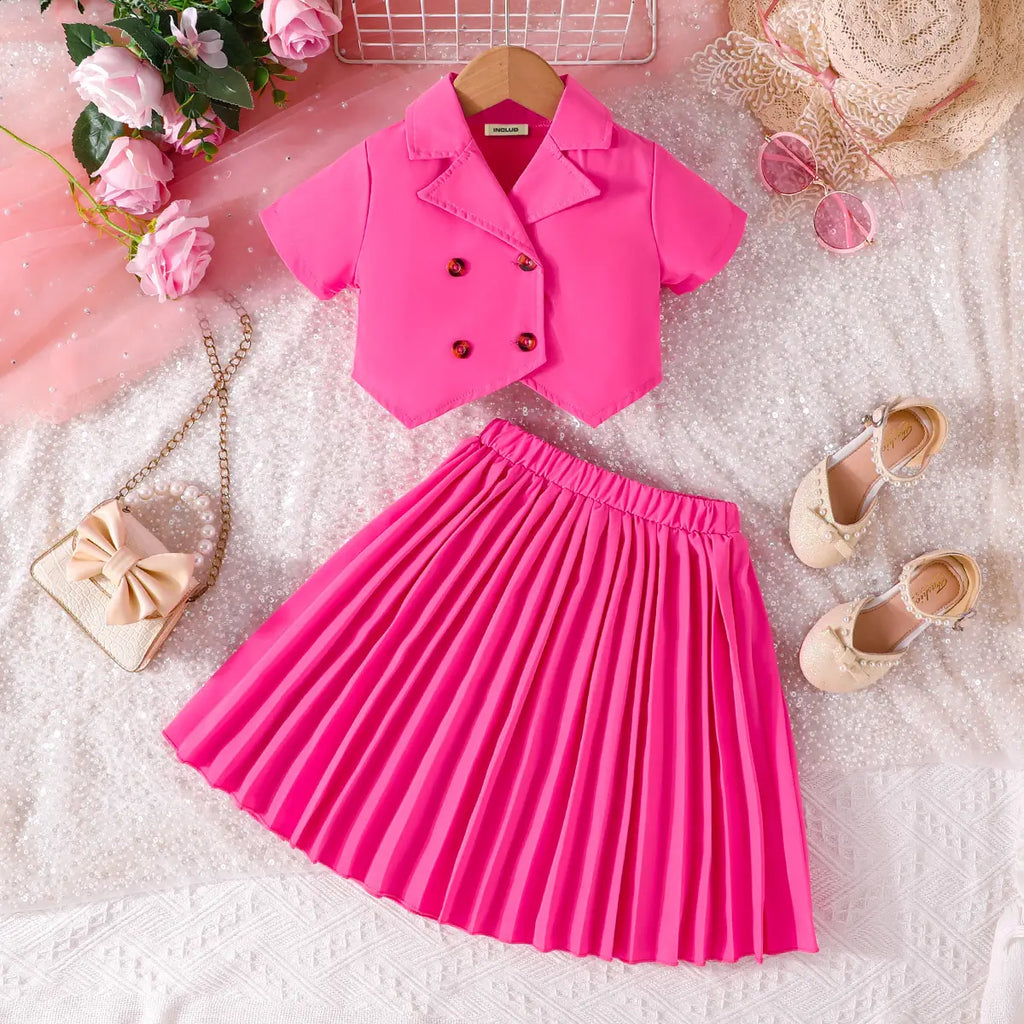 Girls Pink Double-Breasted Blazer Crop Top With Pleated Skirt Co-ord Sets Sets Pink 2-3 Y