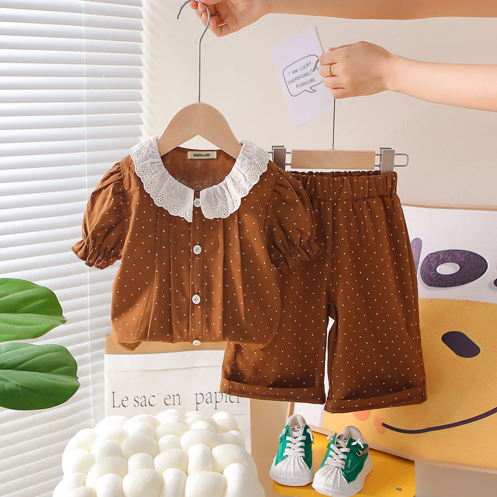 Girls Brown Polka Dot Printed Short Sleeves Top With Capri Set 2 pc. Sets Brown 1-2 Y