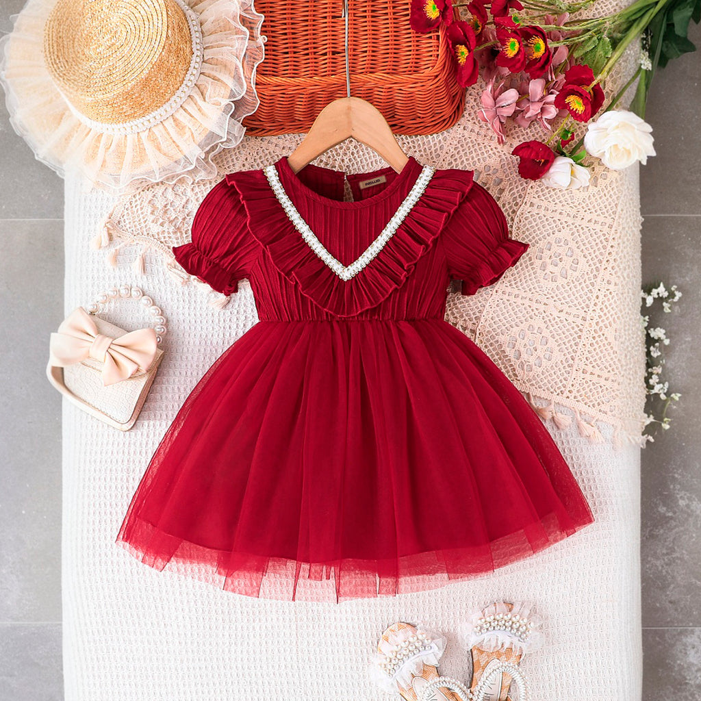 Girls Red Pleated Fit & Flare Dress Casual Dresses Red 6-9 M
