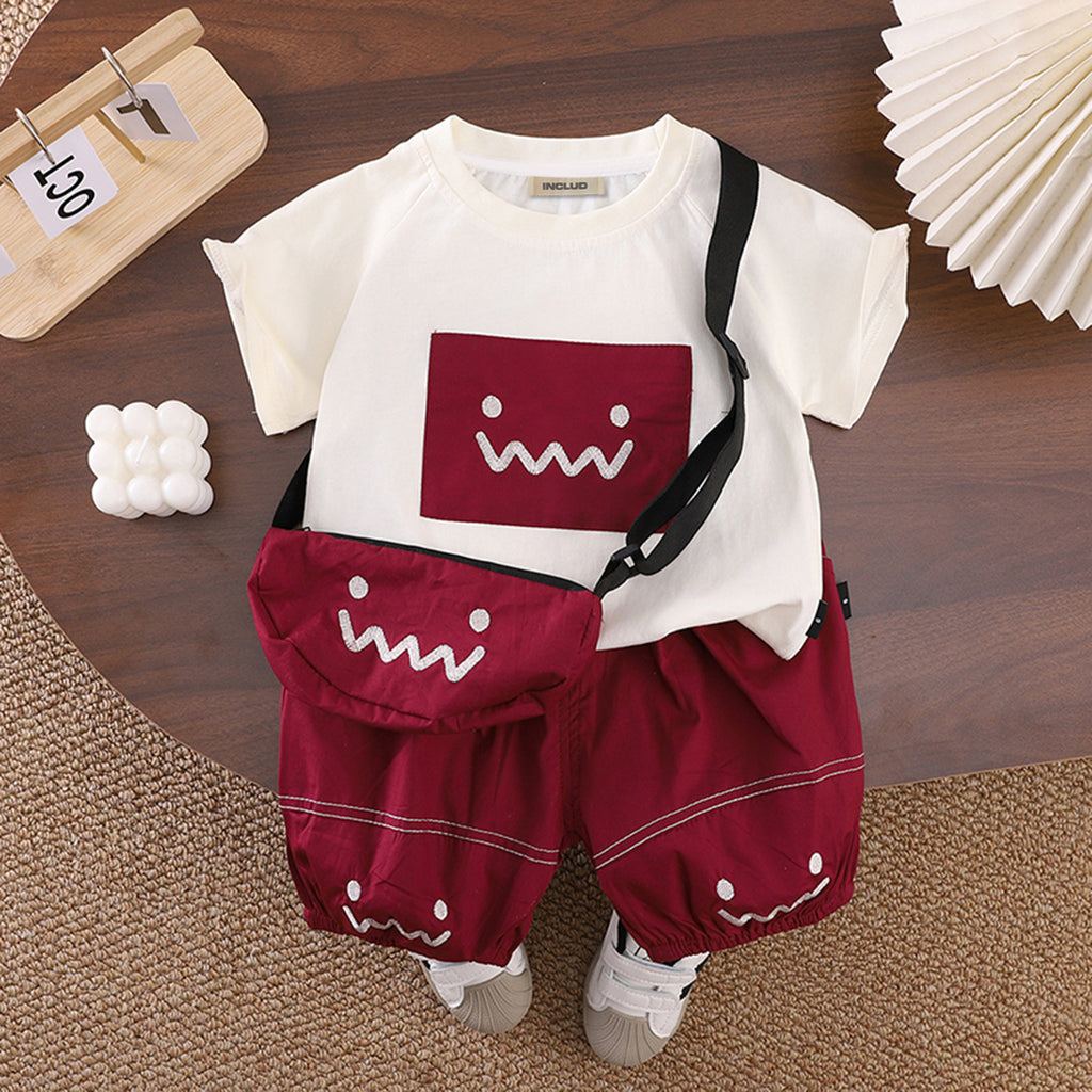 Boys Printed Applique T-Shirt With Maroon Sling Bag And Shorts Set Sets Maroon 1-2 Y