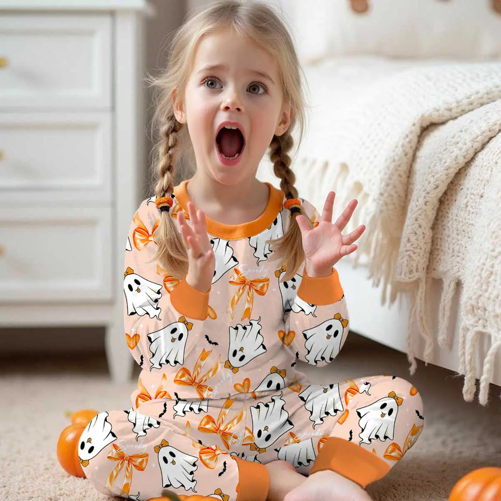 Girls Orange Halloween-Themed Printed T-Shirt With Jogger Co-ord Sets 2 pc. Sets Orange 3-4 Y