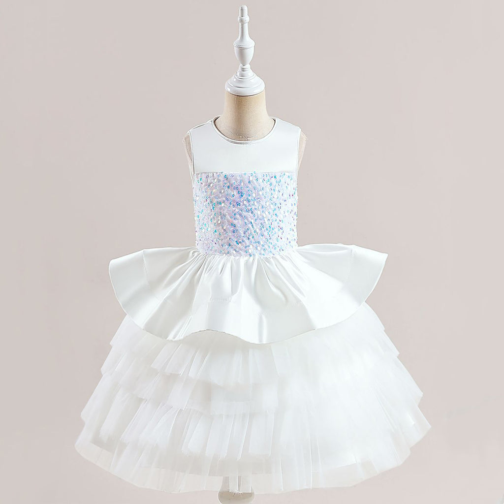 Girls Sequins Embellished Fit & Flare Party Wear Dress Party Dresses White 4-5 Y 