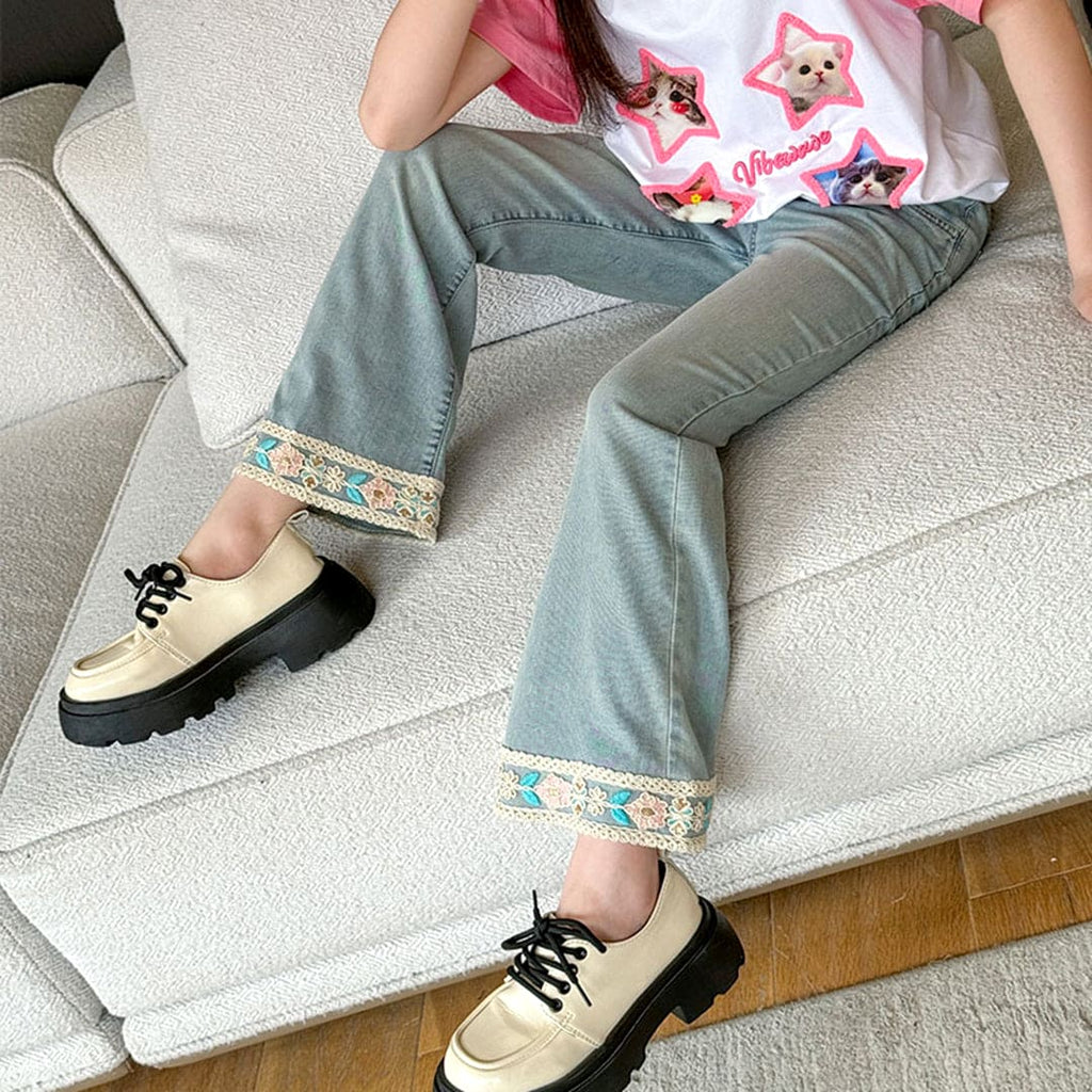 Girls Elasticated Waist Lace Bottom Flared Denim Pants Jeans Blue 6-7 Y 