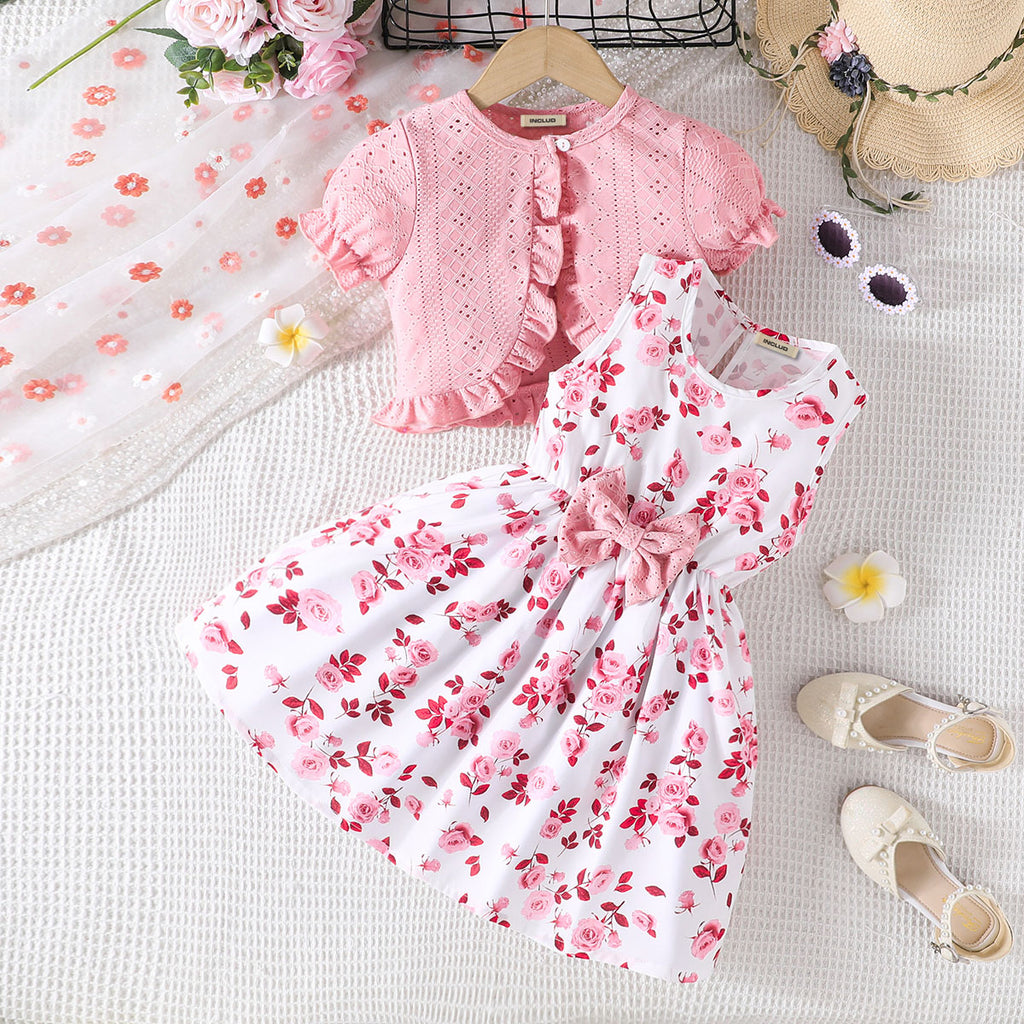 Girls Pink Rose Printed Fit & Flare Summer Casual Dress With Shrug Casual Dresses Pink 3-4 Y