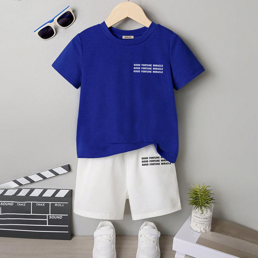 Boys Blue Typographic Printed Short Sleeves T-Shirt With Shorts Set 2 pc. Sets Blue 7-8 Y