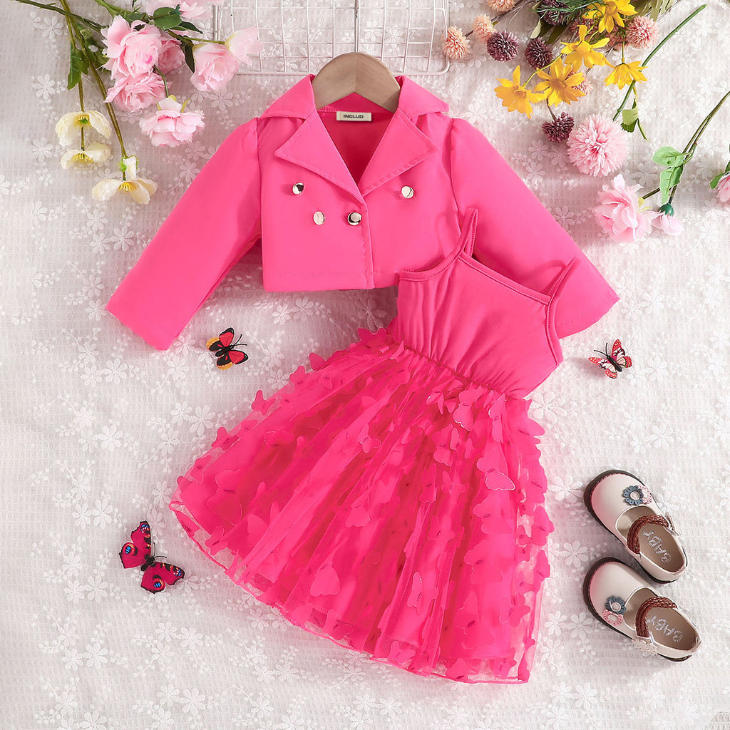 Girls Dark Pink Solid Blazer Shrug With Butterfly Applique Tulle Overlay Fit And Flared Dress Casual Dresses Dark Pink 1-2 Y