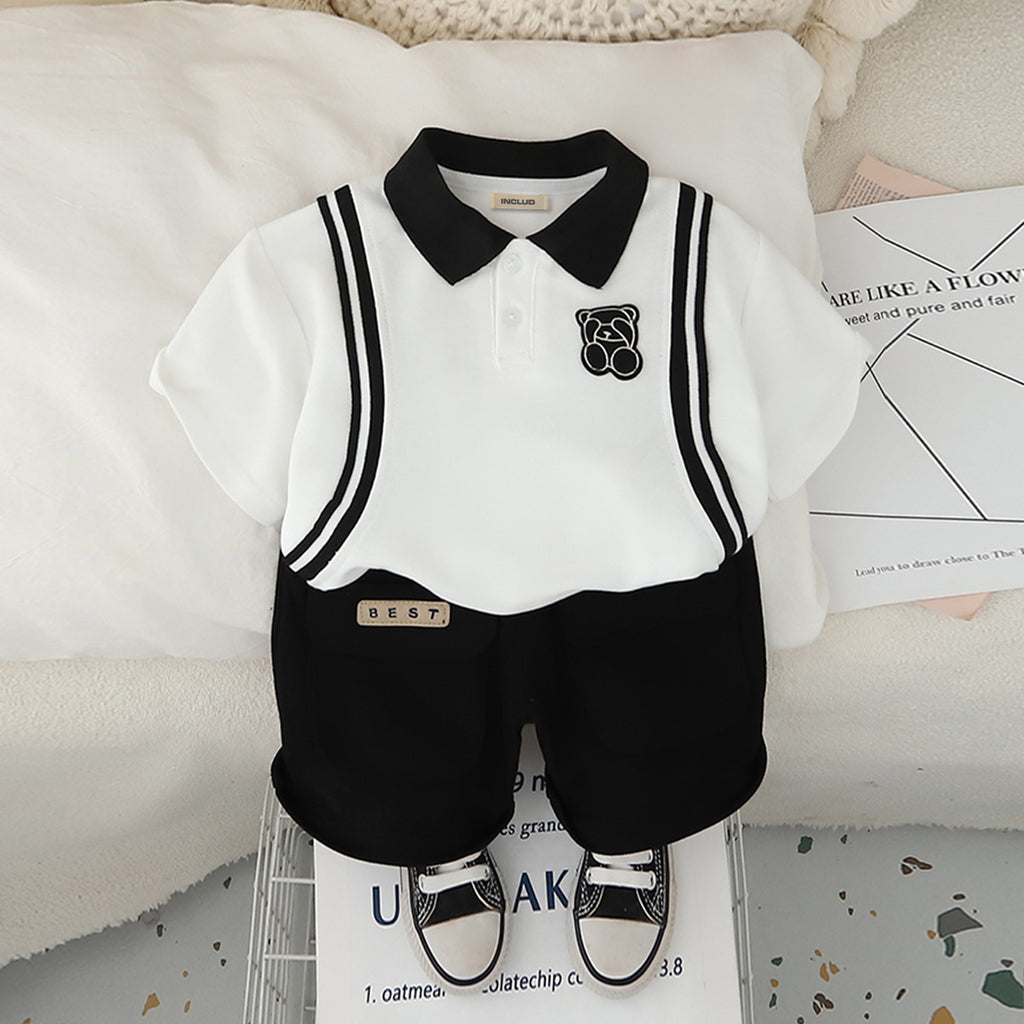 Boys White Side Striped Short Sleeves Polo T-Shirt With Shorts Set 2 pc. Sets White 1-2 Y