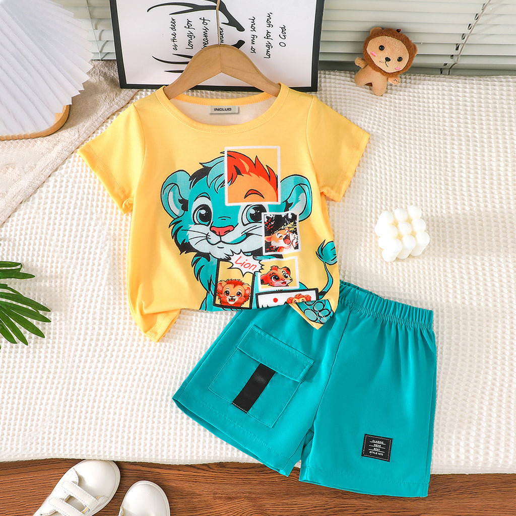 Girls Lion Printed T-Shirt With Teal Shorts Set 2 pc. Sets Teal 3-4 Y