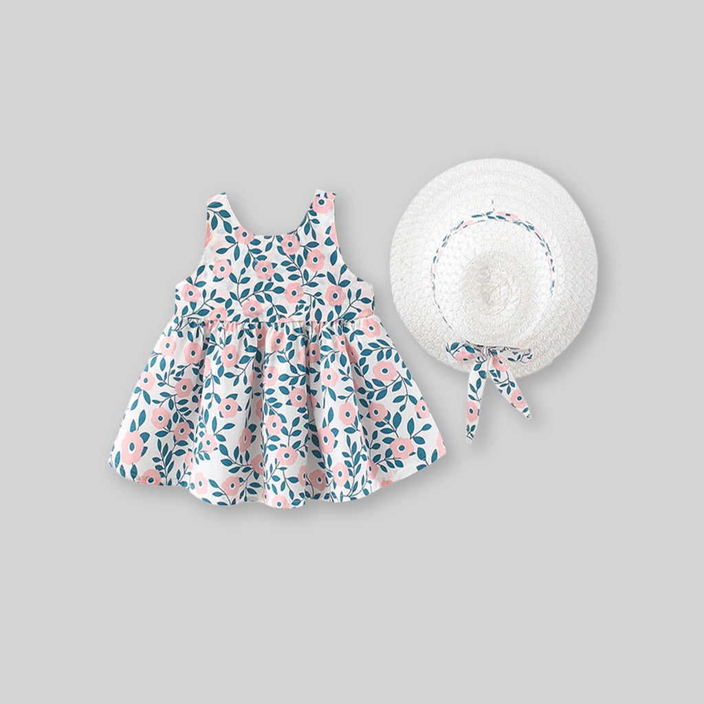 Girls Sleeveless Floral Print Dress With Bow Casual Dresses