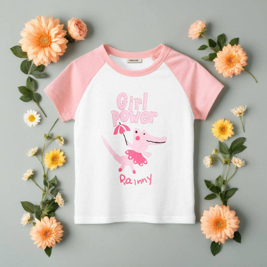 Girls Printed Raglan Sleeves T-shirt Tshirts Pink 1-2 Y 