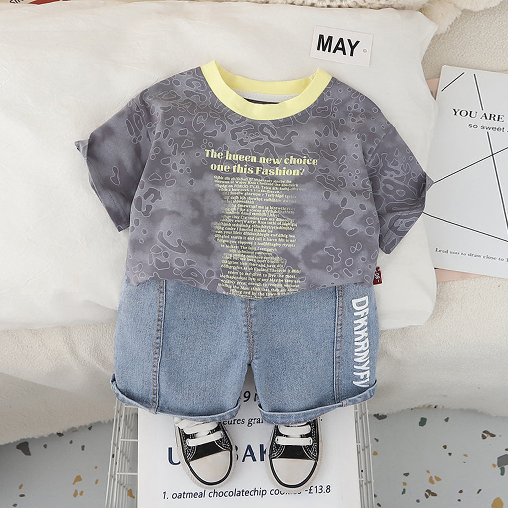 Boys Dark Grey Abstract Printed Short Sleeves T-Shirt With Denim Shorts Set 2 pc. Sets Dark Grey 1-2 Y