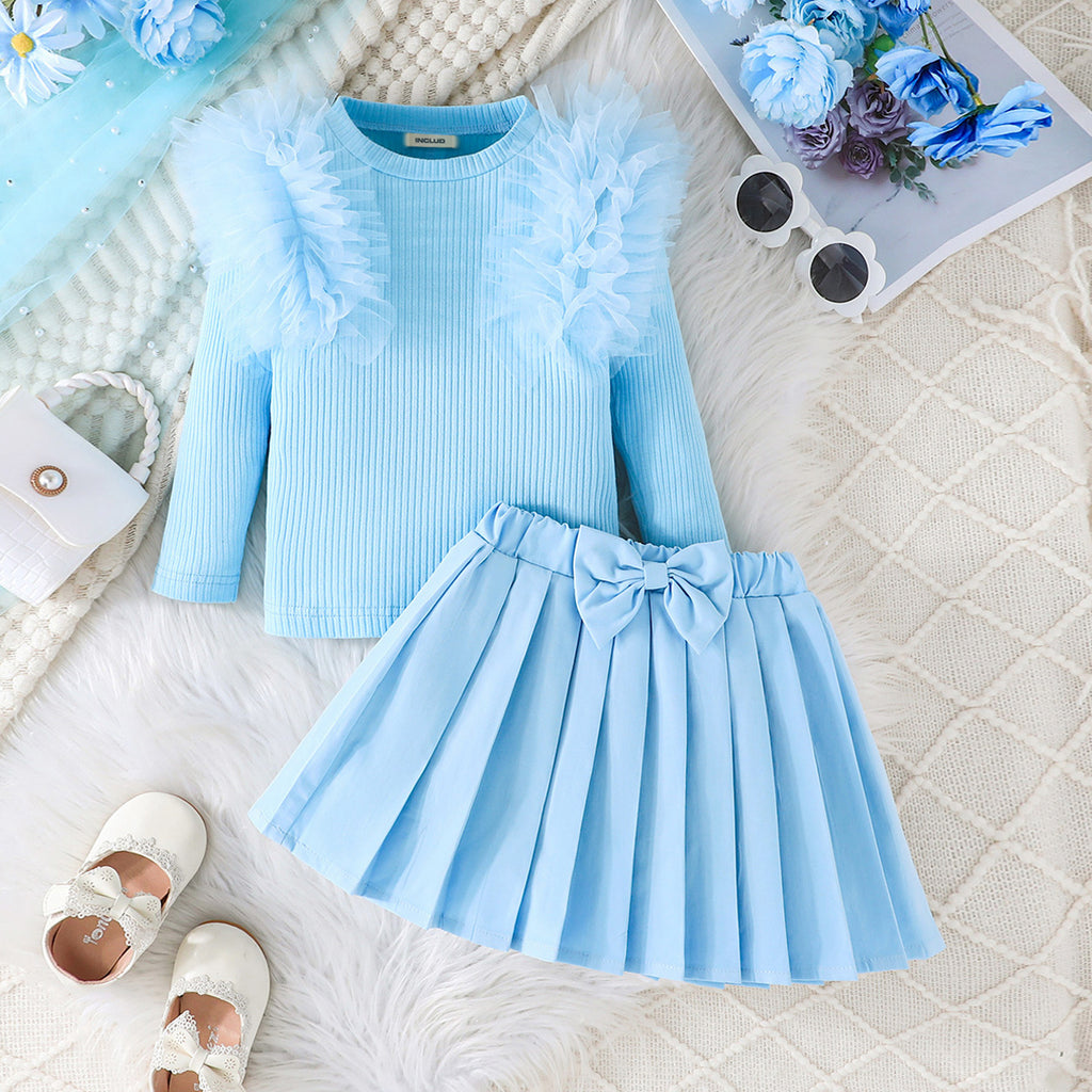 Girls Light Blue Solid Top With Pleated Skirt Winter Set 2 pc. Sets Light Blue 1-2 Y