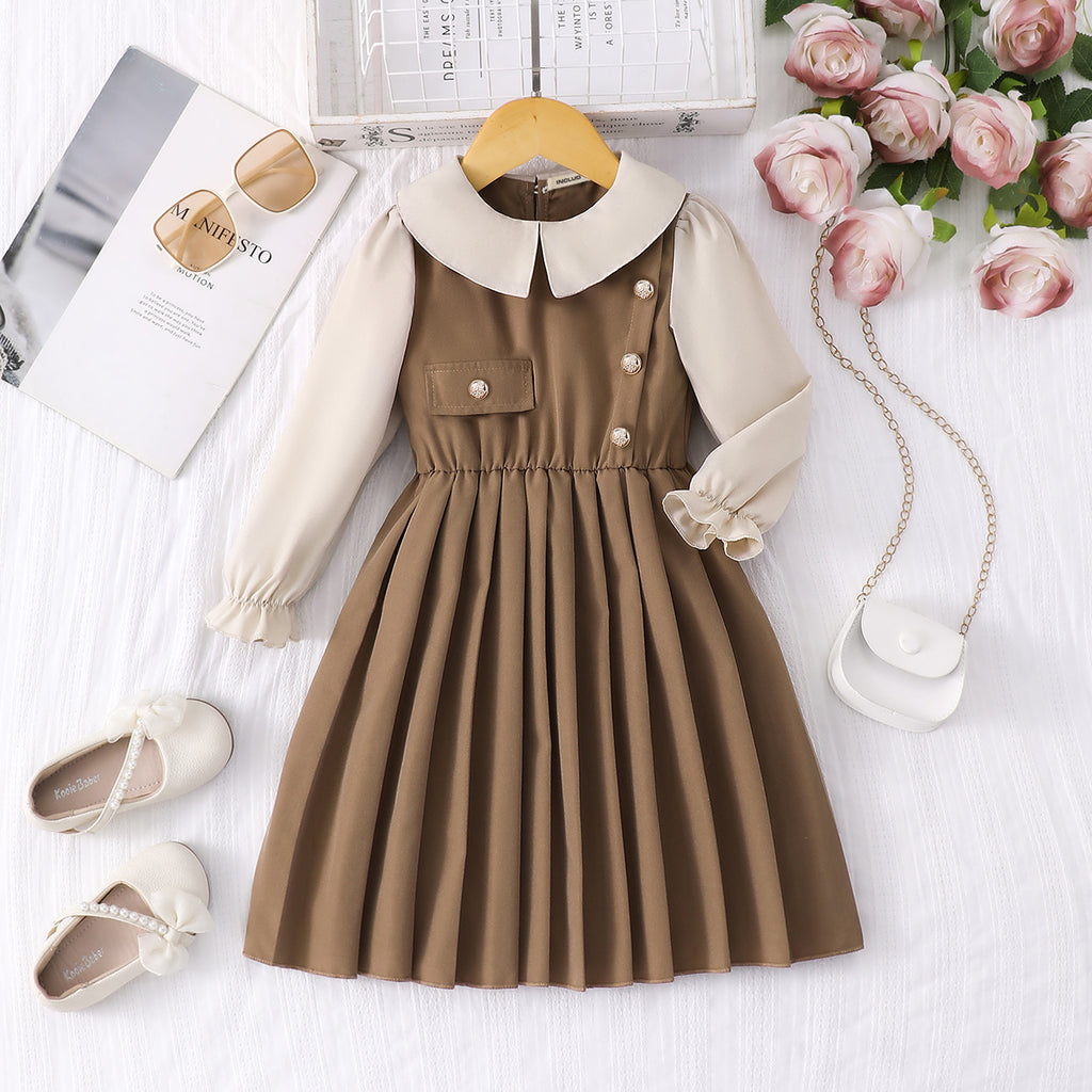 Girls Brown Solid Pleated Fit & Flare Winter Casual Dress Casual Dresses Brown 3-4 Y