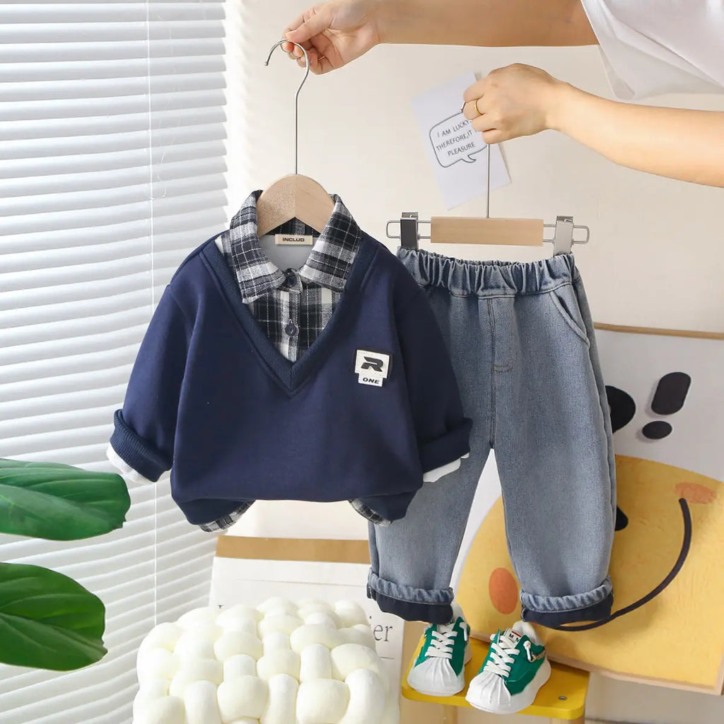 Boys Navy Blue Checked Regular Sweatshirt With Denim Trouser Sets 2 pc. Sets Navy Blue 1-2 Y