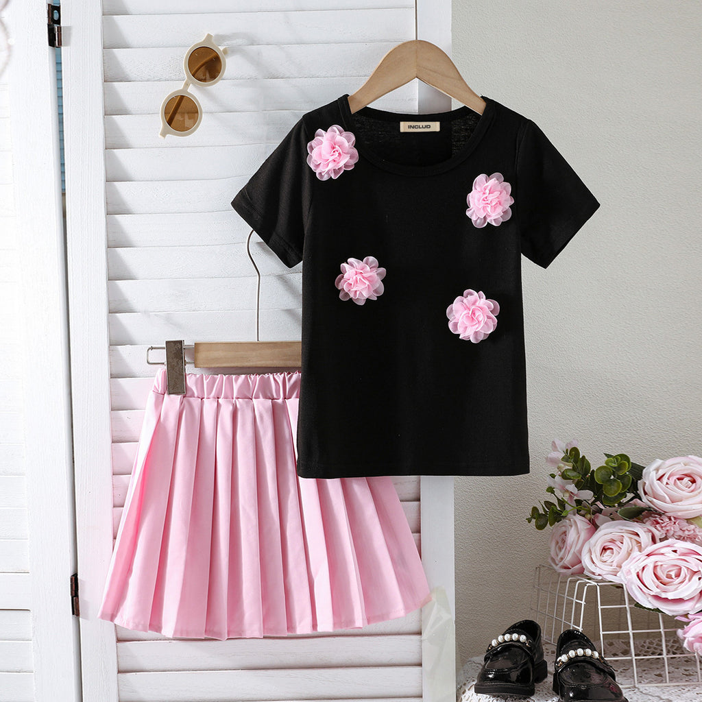 Girls Black 3D Flower Top with Pleated Skirt Set Sets Black 3-4 Y