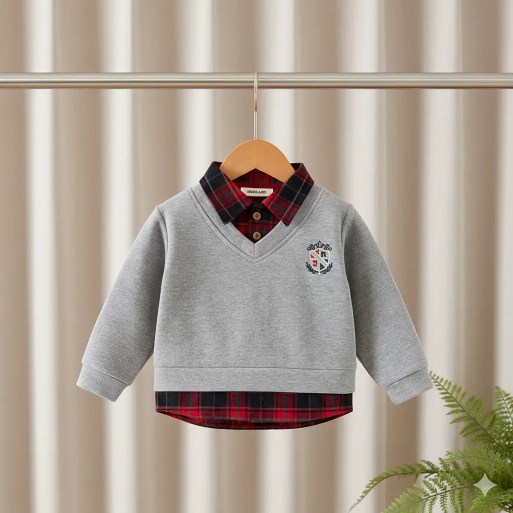 Boy Grey Faux Layered V-Neck Plaid Collared Sweater Sweaters & Cardigans Grey 1-2 Y
