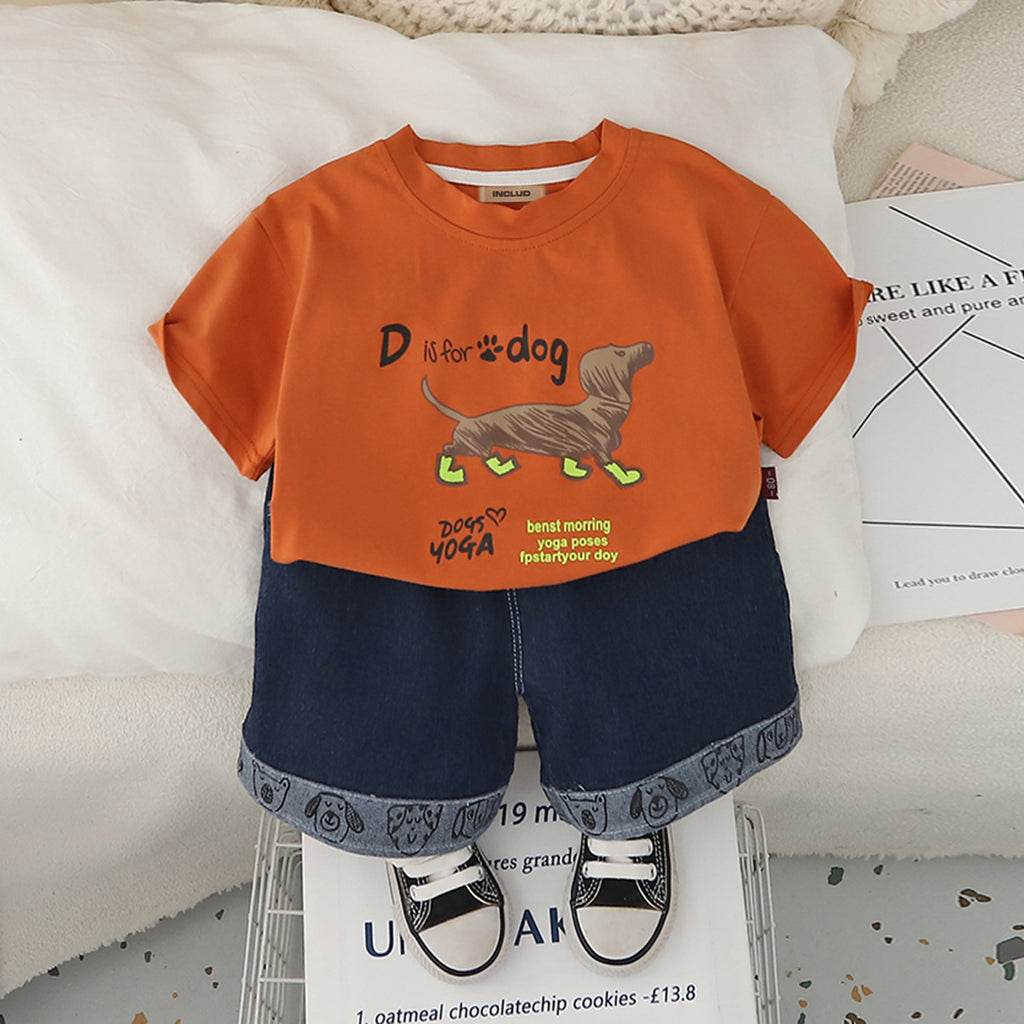Boys Orange Animal Printed T-Shirt With Denim Shorts Set 2 pc. Sets Orange 1-2 Y