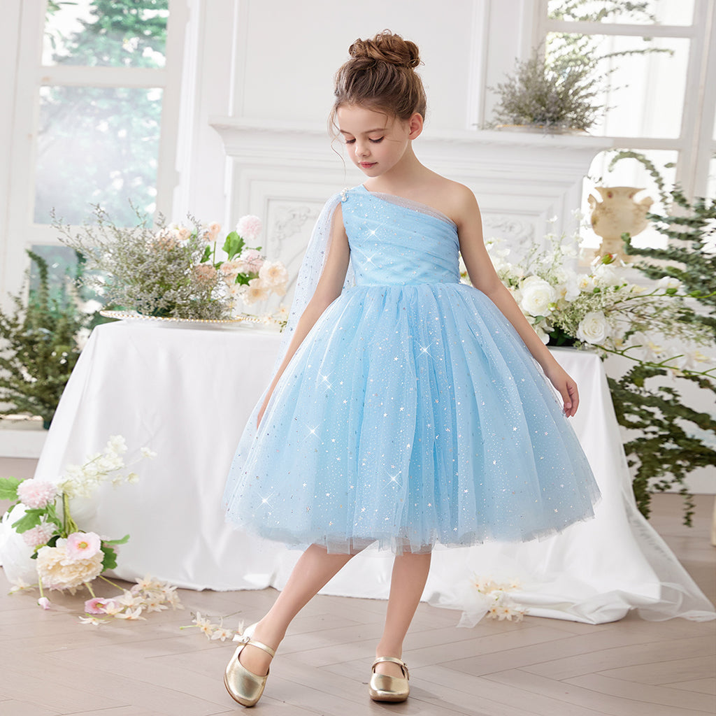 Girls Light Blue One Shoulder Glitter Tulle Party Dress – INCLUD