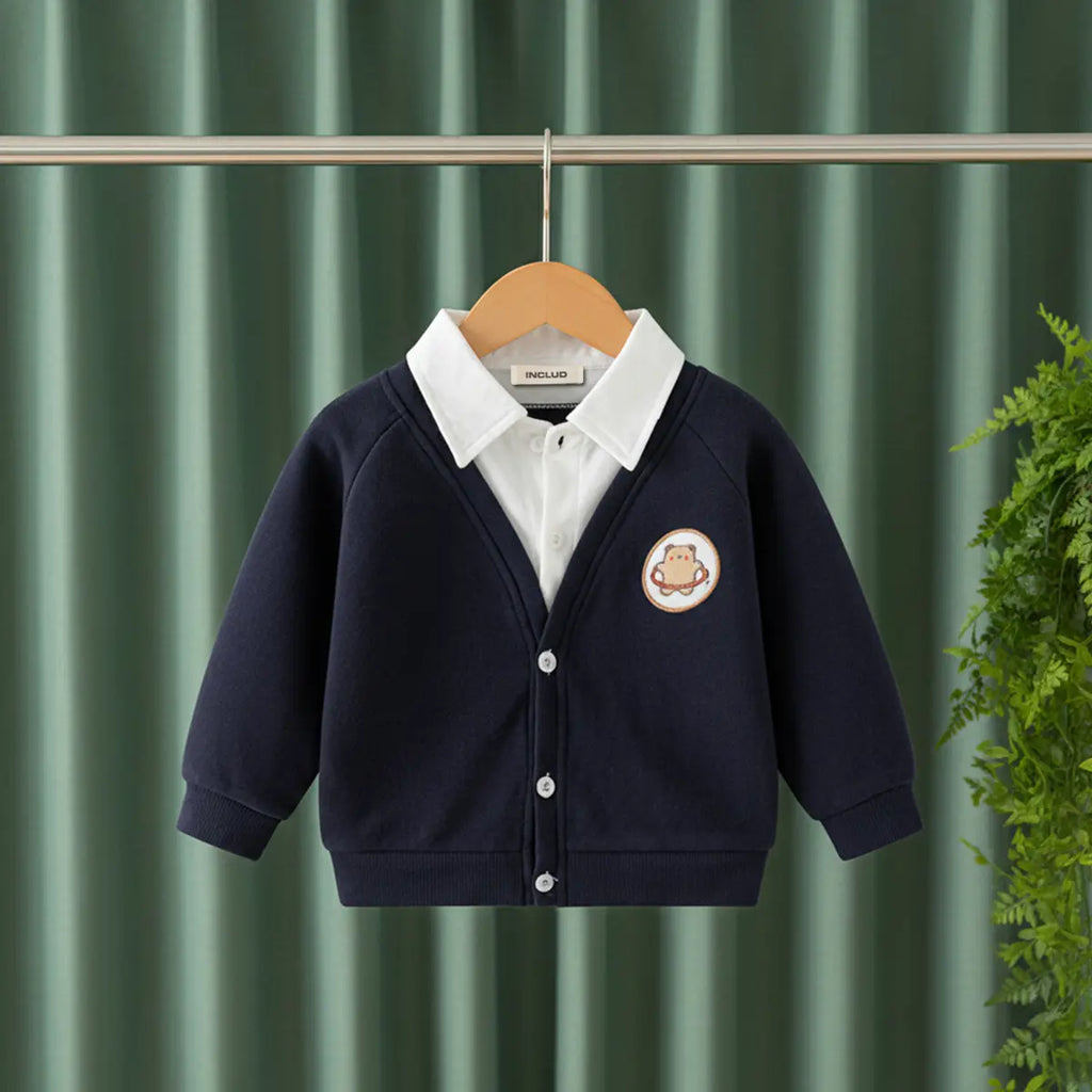 Boys Navy Blue Self-Design Cardigan With Shirt Collar Sweaters & Cardigans Navy Blue 1-2 Y